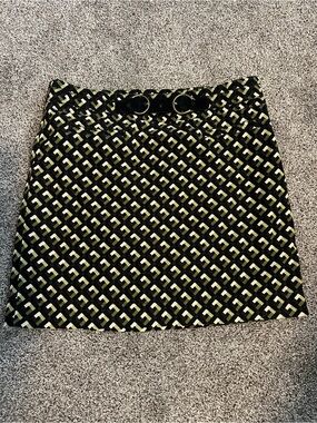 LOFT Geometric Mini Skirt Womens 6 Green Black Retro Mod Buckle Detail 70’s